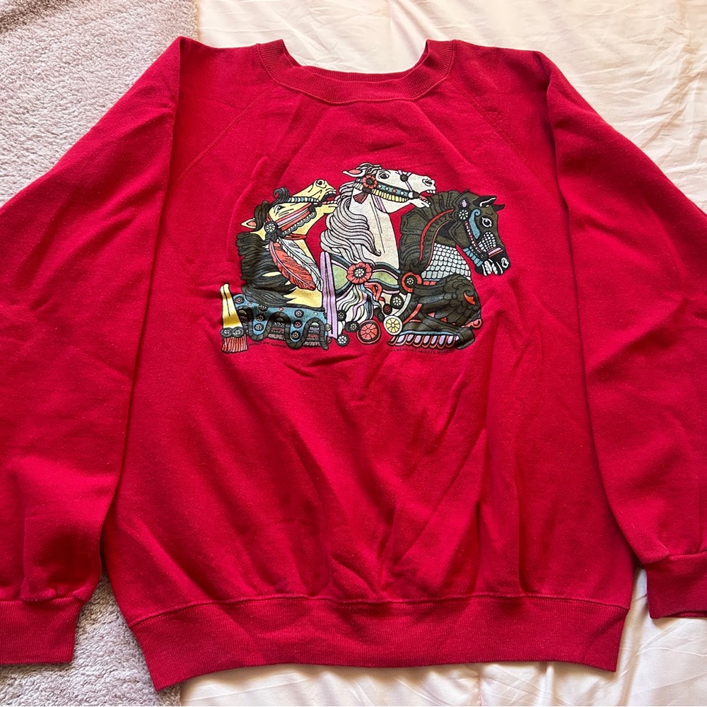 Vintage Hanes Red Crewneck Sweater with Carousel Horse Motif
